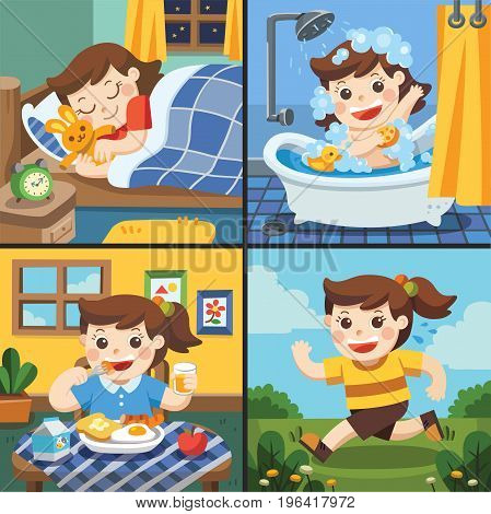 Illustration of The daily routine of a cute girl. [sleep take a bath eat running]