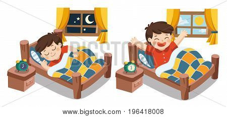Isolated vector. A Little boy sleeping on tonight dreams good night and sweet dreams. he wake up in the morning.
