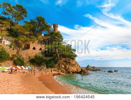 Lloret de Mar Castell Plaja at Sa Caleta beach in costa Brava of Catalonia Spain
