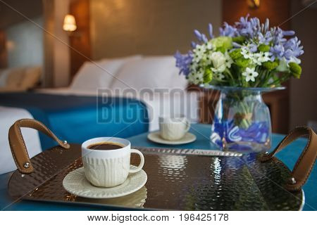 Hot coffee in the morning in the hotel
