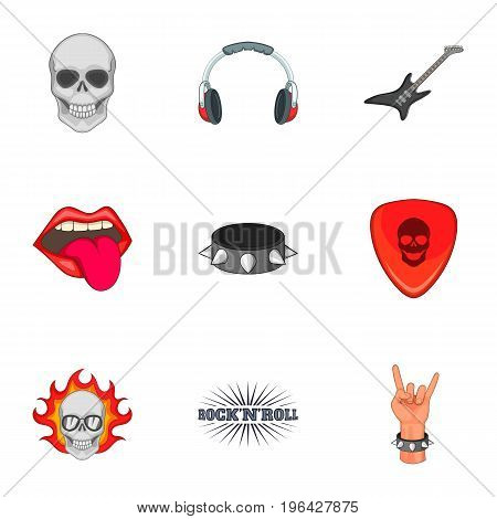 Rock n roll sticker icons set. Cartoon set of 9 rock n roll sticker vector icons for web isolated on white background