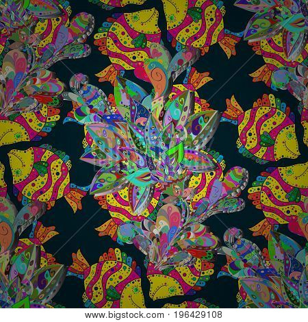 Reaver fishes on colored background. Hand drawn fish. Sea collection seamless pattern. Vector illustration.