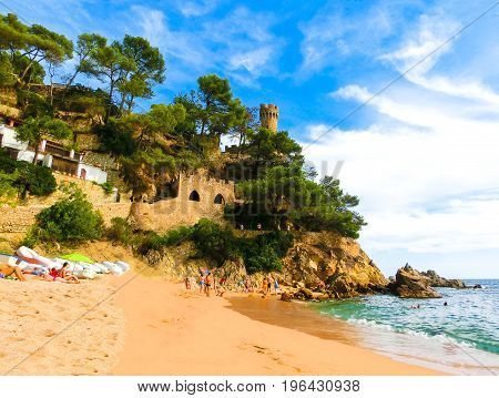 Lloret de Mar Castell Plaja at Sa Caleta beach in costa Brava of Catalonia Spain