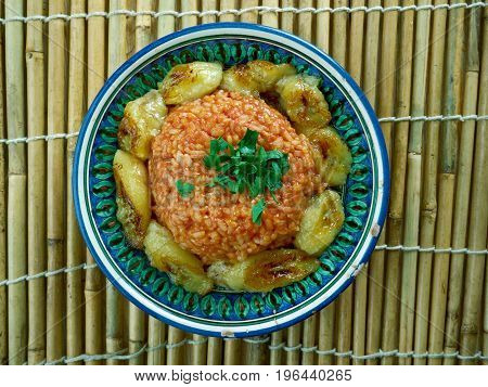 jollof rice with fried plantains Nigerian cuisine close up  meal