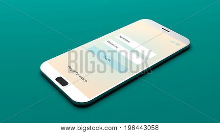 Login on a smartphone screen on green background. 3d illustration