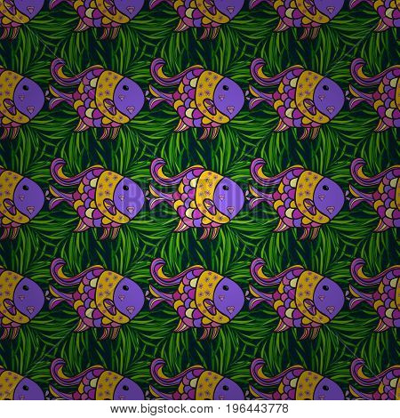 On colored background. Hand drawn fish. Sea collection seamless pattern. Vector illustration.