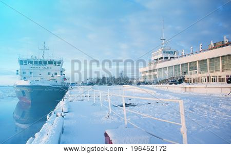 arkhangelsk. icebreaker beside pier. sea passenger station