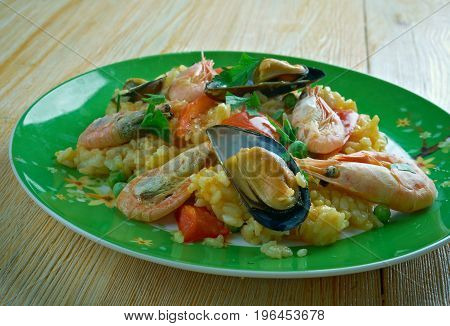 Mexican Dish Prepared With White Rice And Seafood.