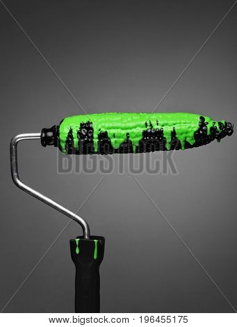 Paint Roller Black Corn With Pouring Green Toxic Paint On Gray Background. Fashion Food Concept.crea
