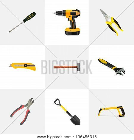 Realistic Carpenter, Scissors, Arm-Saw And Other Vector Elements