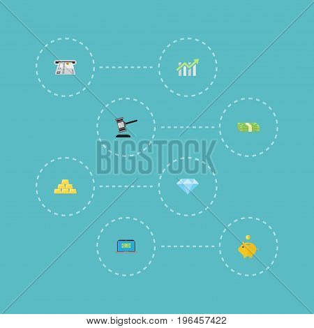 Flat Icons Teller Machine, Bar Diagram, Verdict And Other Vector Elements