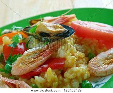 Mexican Dish Prepared With White Rice And Seafood.