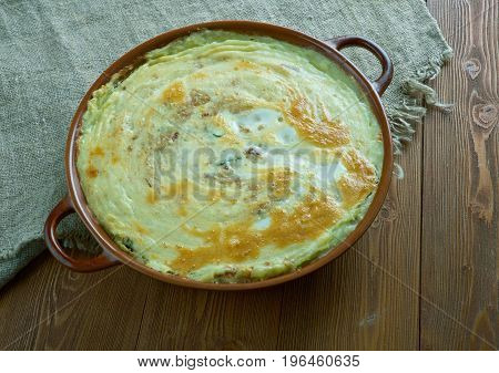 gulbishnik- Belarusian dairy potato casserole. close up meal