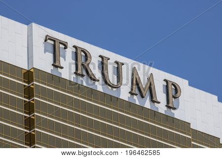 Las Vegas - Circa July 2017: Trump Hotel Las Vegas. Named for real estate developer Donald Trump the exterior windows are gilded with 24-karat gold V