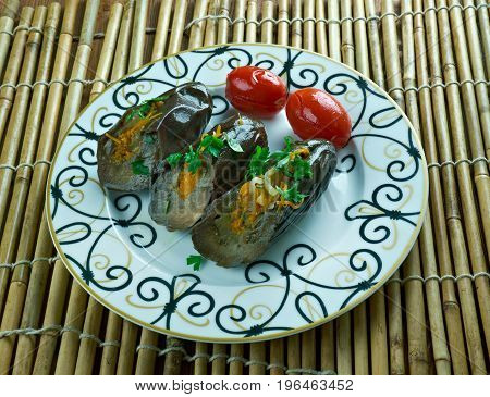 Marinated eggplant stuffed vegetables. Mediterranean Kitchen. close up meal
