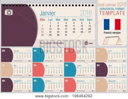 Useful desk triangle calendar 2018 template with space to place photos. Size: 220mm x 100mm. Format horizontal. Vector image. French version