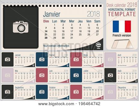 Useful desk triangle calendar 2018 template with space to place photos. Size: 220mm x 100mm. Format horizontal. Vector image. French version