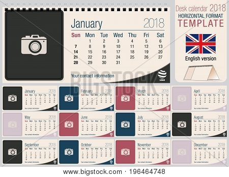 Useful desk triangle calendar 2018 template with space to place photos. Size: 220mm x 100mm. Format horizontal. Vector image. English version