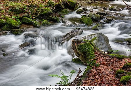 Cascade On The Little Stream With Stones In Forest