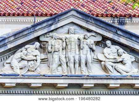 Airplane Industry Statue Herbert Hoover Building Commerce Department Washington DC. Building completed in 1932. Across from the White House Commerce has multiple departments including the International Trade Administration Export Administration Import Adm