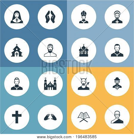 Vector Illustration Set Of Simple Faith Icons. Elements Catholic, Christian, Pater And Other Synonyms Bald, Pope And Orison.