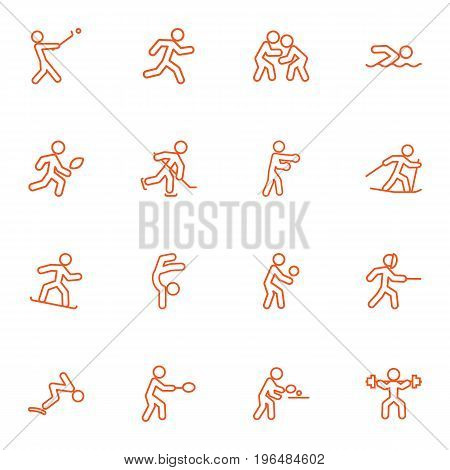Collection Of Swimming, Snowboard, Swordplay And Other Elements. Set Of 16 Fitness Outline Icons Set.