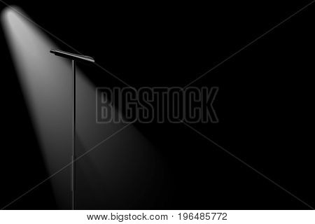 vector no singer, spotlight silhouette microphone on stage, concept is lack of important person.