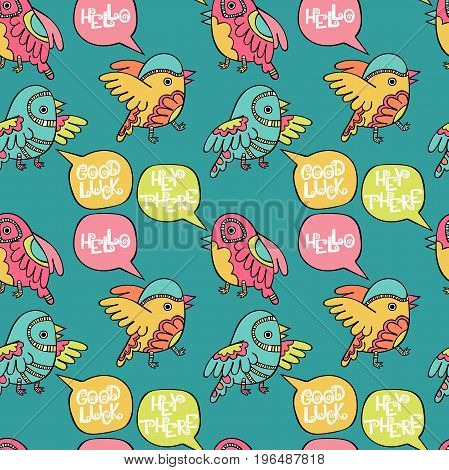 Hello. Hey there. Good luck. Birds. Seamless vector pattern (background).