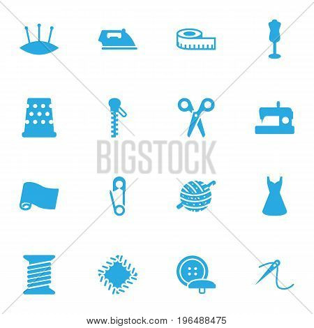 Collection Of Pintle, Seamstress, Machine And Other Elements. Set Of 16 Sewing Icons Set.