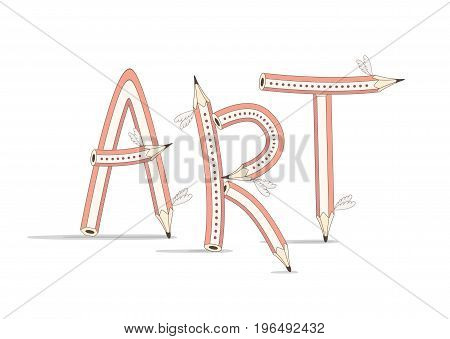 Art. Funny text consisting of pencils on white background. Letters with wings. Vector illustration.