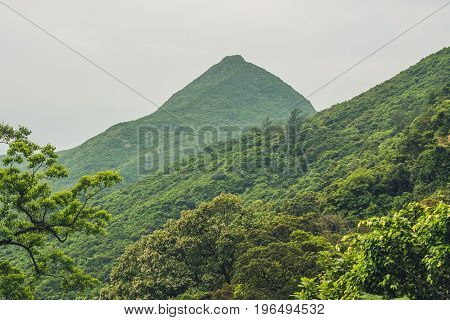 Hong Kong Countryside valley landscape panorama. Green Hills of Hong Kong
