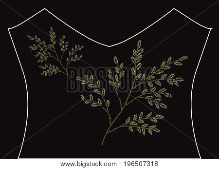 Elegant embroidery tree leaves design element. Floral composition can be used for fashion decorations fabrics manufacturing. Embroidery decorative flowers