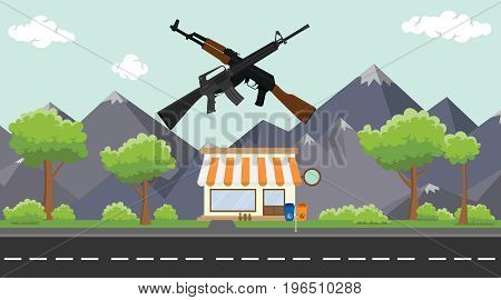 gun store on sidewalk with tree and mountain as background vector