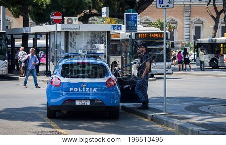 Termini, Rome, Italy - June 17th 2017 : Policeman patrolling Termini metro station in Rome, Italy