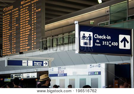 ROME, ITALY - June 18, 2017: Terminal hall in Fiumicino Airport on June 18, 2017 in Rome. With 37.6 million passengers, Rome Fiumicino is the 7th busiest in Europe.