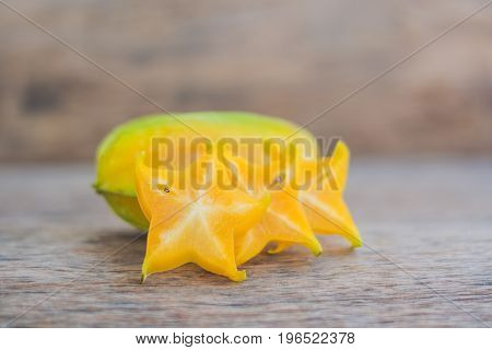 Star Fruits On Wooden Table. Thai Fruit : Star Fruit Is Popular In Asia, Sweet Taste Fruits. Star Fr