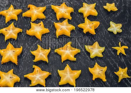 Star Fruits On Wooden Table. Thai Fruit : Star Fruit Is Popular In Asia, Sweet Taste Fruits. Star Fr