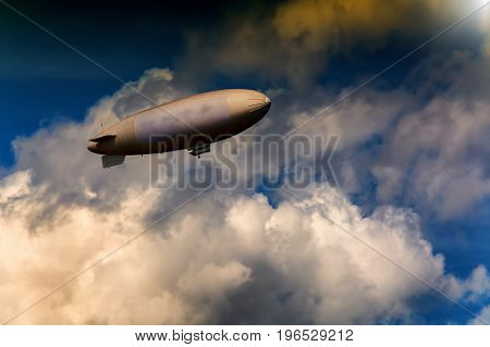 Airship zeppelin against blue sky with dark clouds.