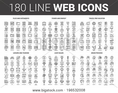Vector set of 180 flat line web icons on following themes - files and documents, power and energy, travel and vacation, leisure and tourism, light bulbs, brain process