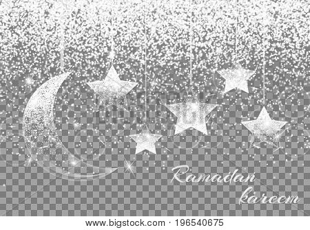 Glitter sparkle background with brilliant light, a crescent moon and star. Ramadan kareem pattern.