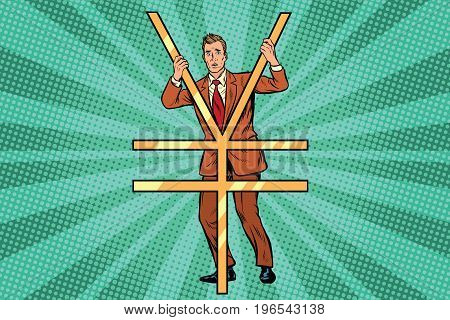 Businessman behind bars Ian money. Pop art retro comic book vector illustration