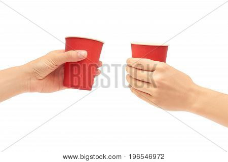 Female Hands Hold A Cardboard Or Plastic Disposable Cup. Isolated On White Background