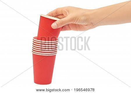 Female Hands Hold A Cardboard Or Plastic Disposable Cup. Isolated On White Background