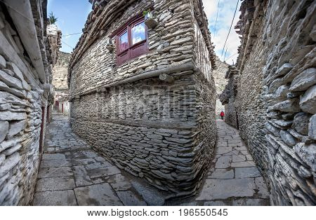 Panoramic view to narrow street in Marpha village on Annapurna circuit track Napal