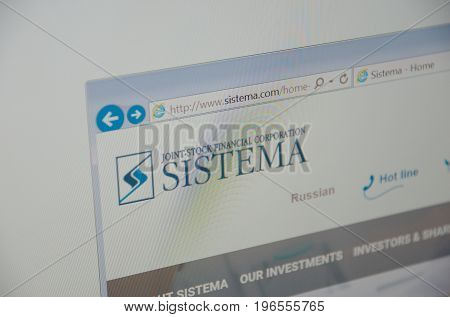 Saransk, Russia - July 23, 2017: A computer screen shows details of Sistema main page on its web site. Selective focus.
