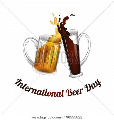 Illustration of two beer mugs for International beer day. Transparent object for alchohol festival.
