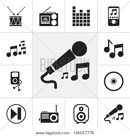 Set Of 12 Editable Sound Icons. Includes Symbols Such As Karaoke, Cassette Player, Music Phone And More