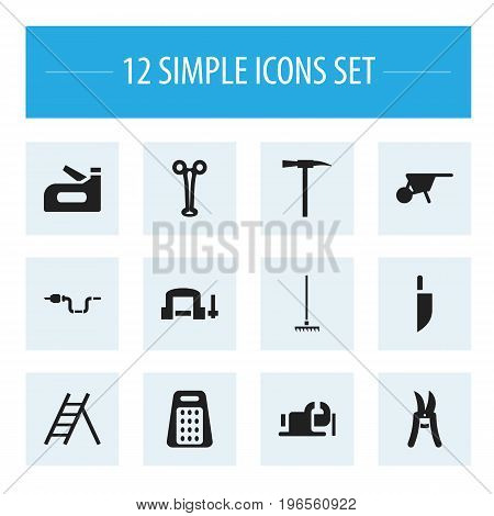 Set Of 12 Editable Instrument Icons. Includes Symbols Such As Clamp, Pipe, Pickaxes And More