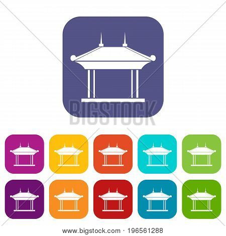 Pagoda icons set vector illustration in flat style in colors red, blue, green, and other