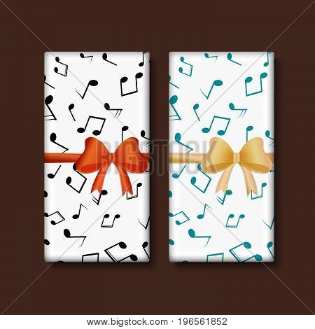 Vector set of chocolate bar package designs with musical notes and decorate bow. Editable packaging template collection.